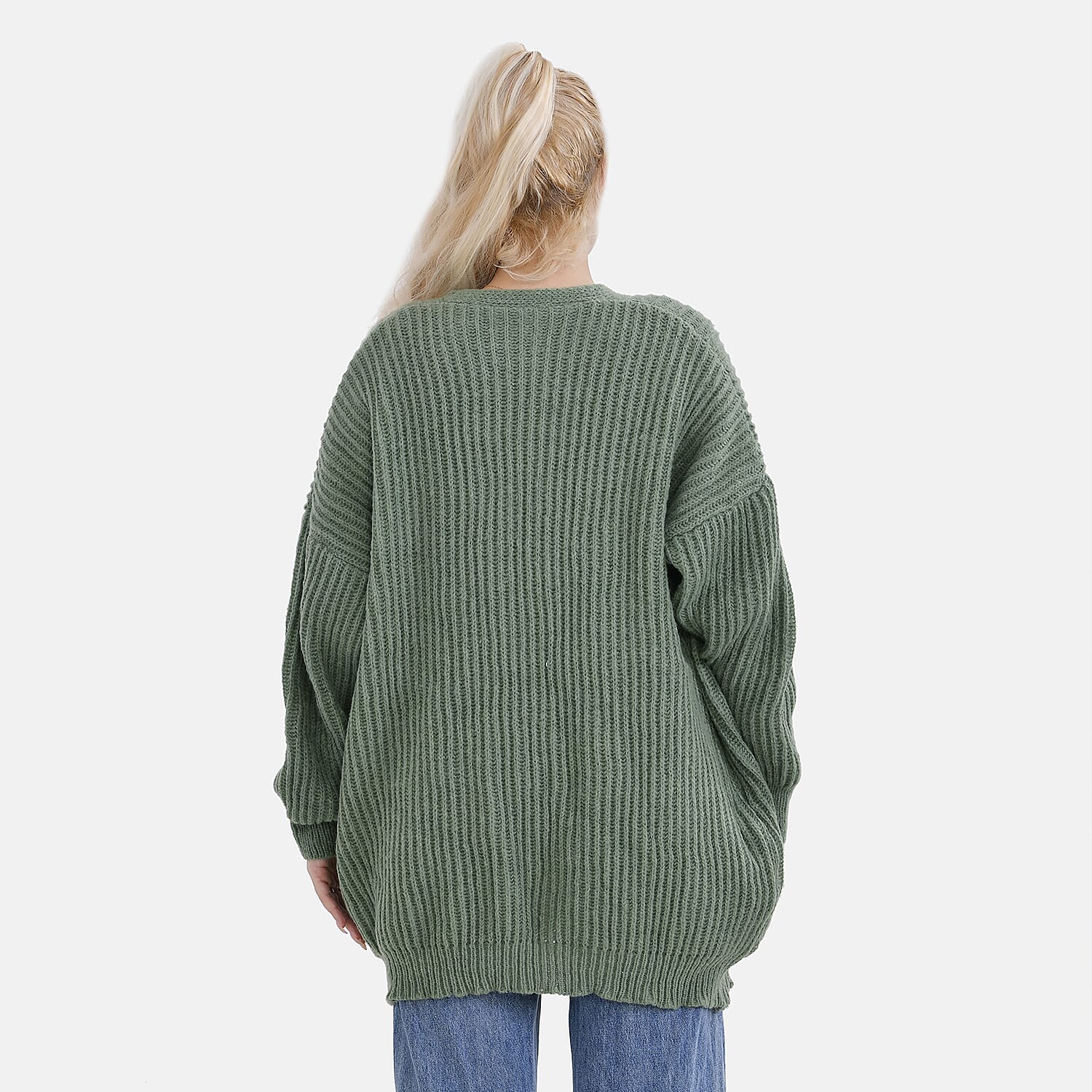 TAMSY Open Front Full Sleeve Knitted Cardigan (One Size) - Green