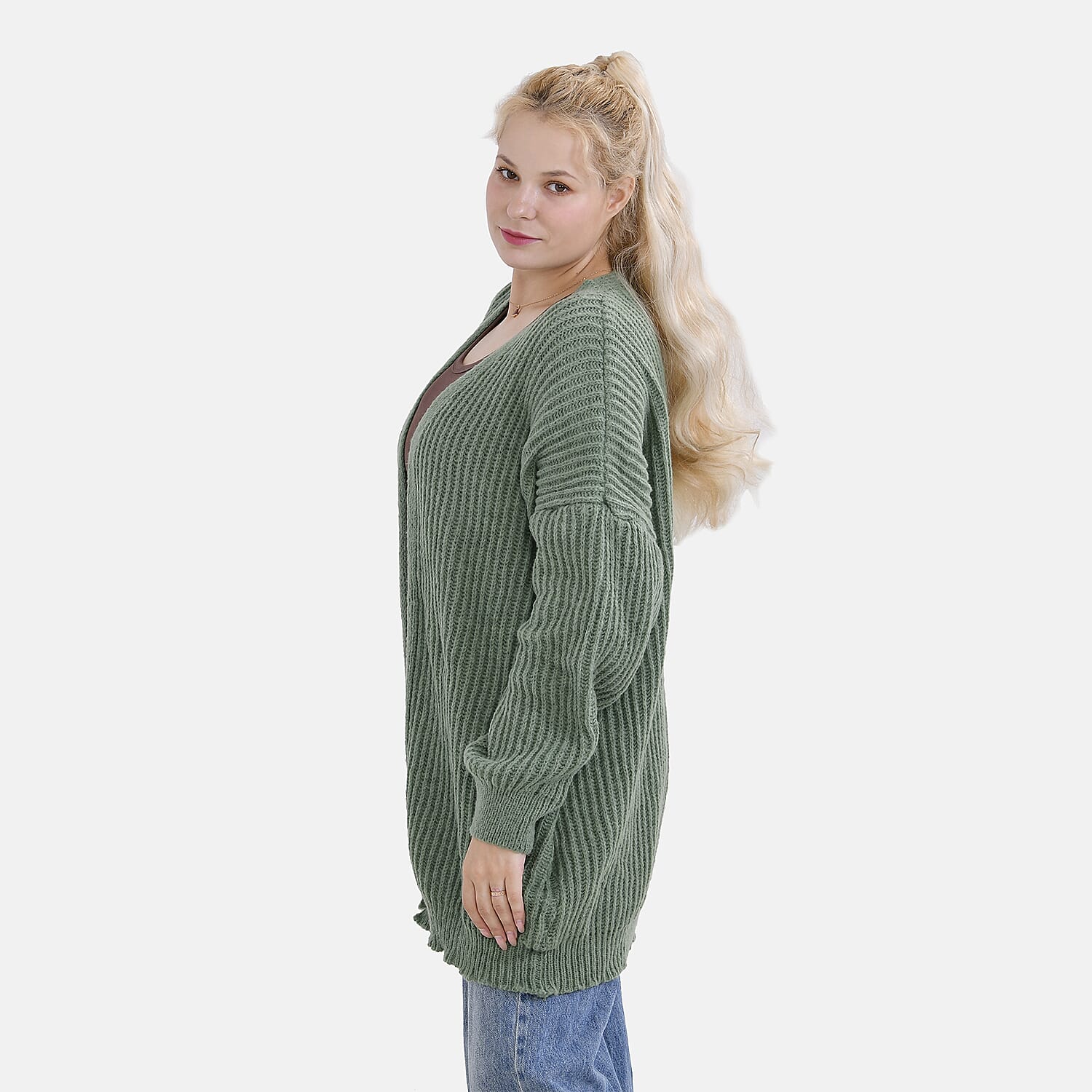 TAMSY Open Front Full Sleeve Knitted Cardigan (One Size) - Green