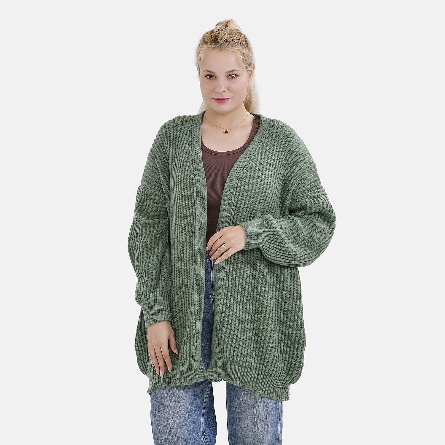 TAMSY Open Front Full Sleeve Knitted Cardigan (One Size) - Green