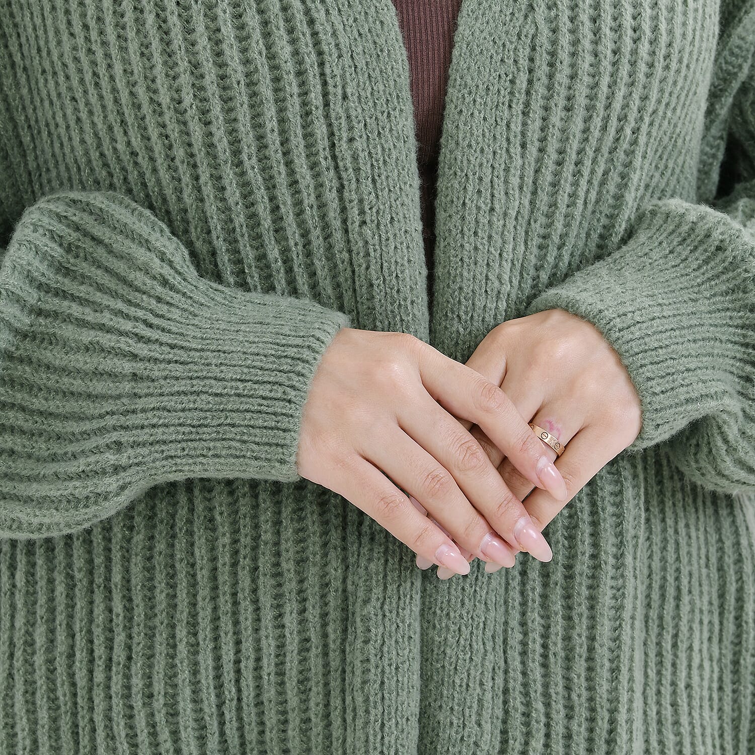 TAMSY Open Front Full Sleeve Knitted Cardigan (One Size) - Green