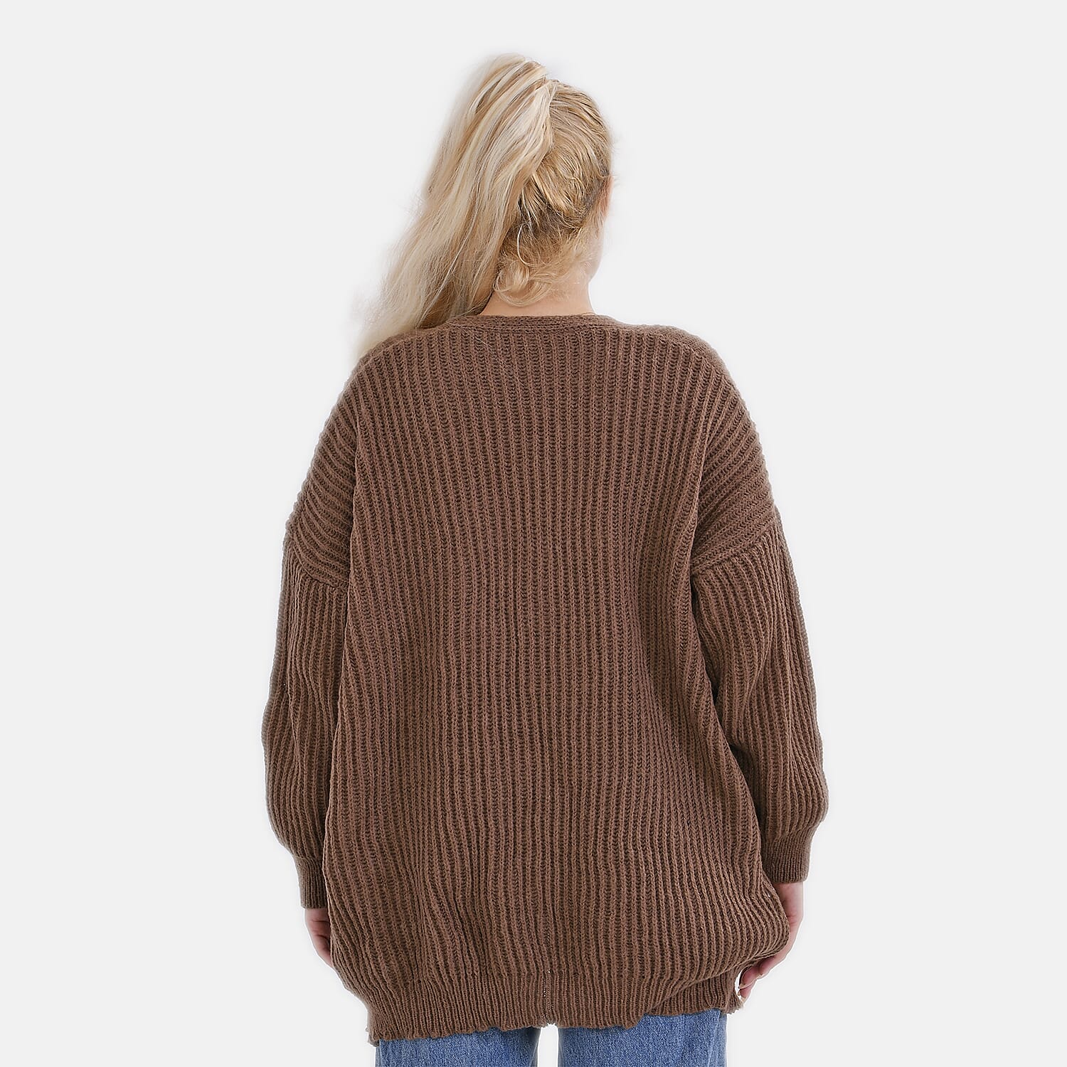 TAMSY Open Front Full Sleeve Knitted Cardigan (One Size) - Brown