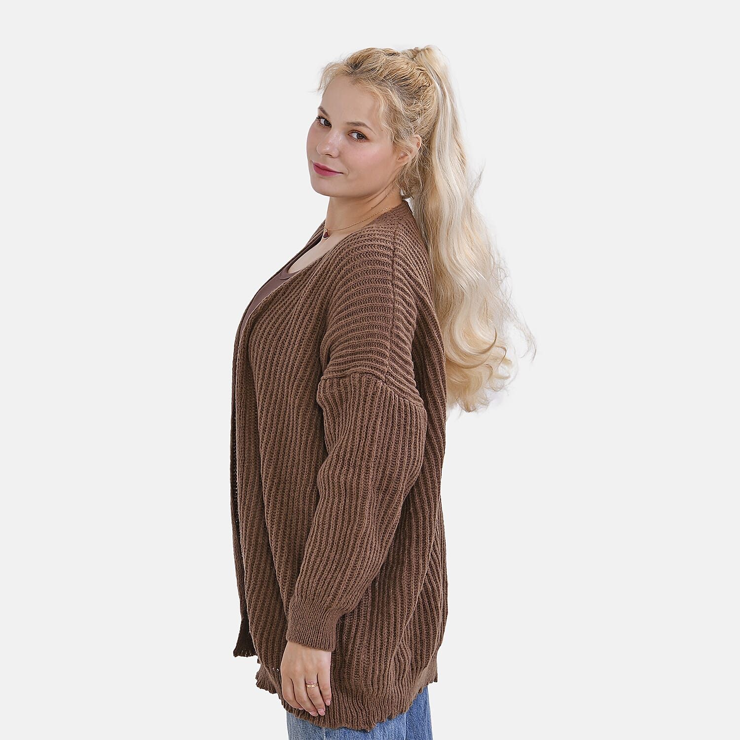 TAMSY Open Front Full Sleeve Knitted Cardigan (One Size) - Brown