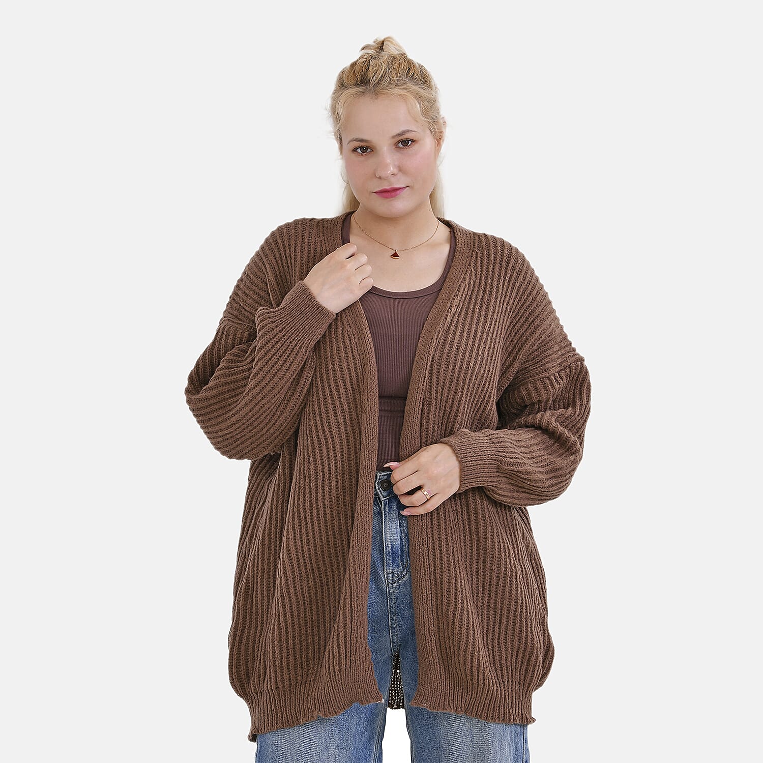 TAMSY Open Front Full Sleeve Knitted Cardigan (One Size) - Brown