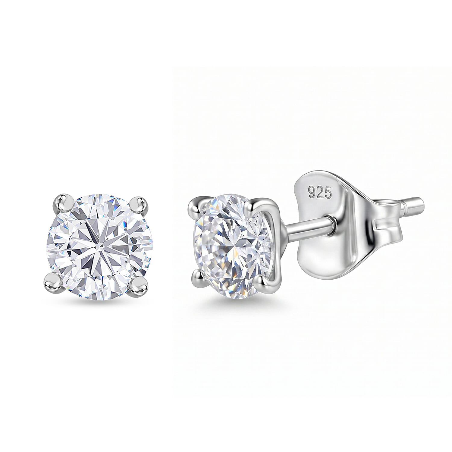 Moissanite Solitaire Stud Earring with Push Back in Rhodium Overlay Sterling Silver