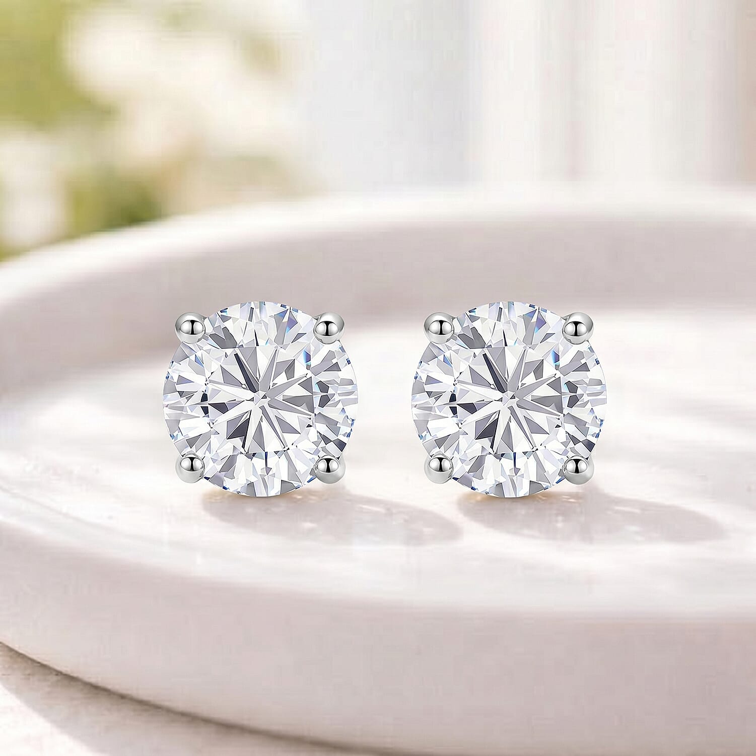 Moissanite Solitaire Stud Earring with Push Back in Rhodium Overlay Sterling Silver
