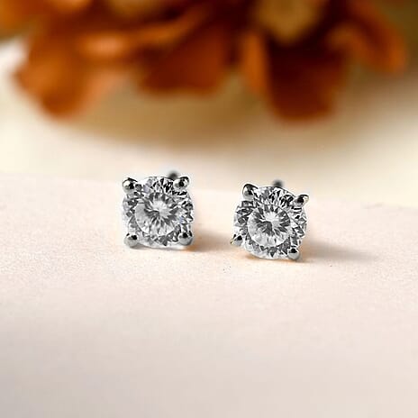 Moissanite Solitaire Stud Earrings in Rhodium Overlay Sterling Silver