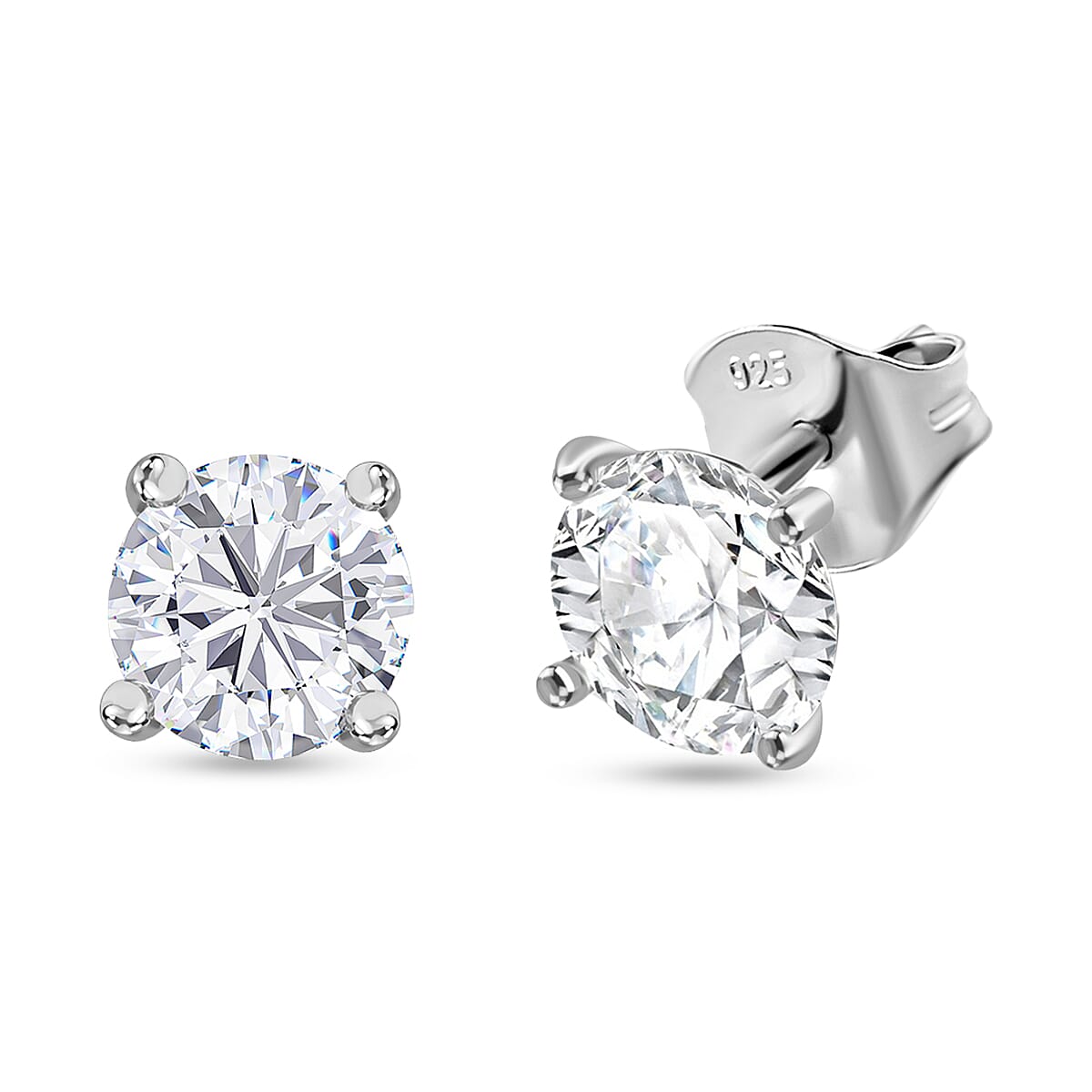 Moissanite Solitaire Stud Earring with Push Back in Rhodium Overlay Sterling Silver