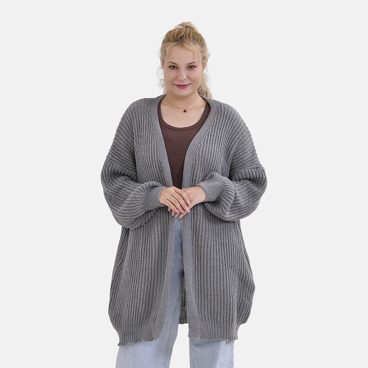 THE BIG SALE PRICE - - Maisi Ribbed Lightweight Cardigan (One Size 8 TO 22) - Grey