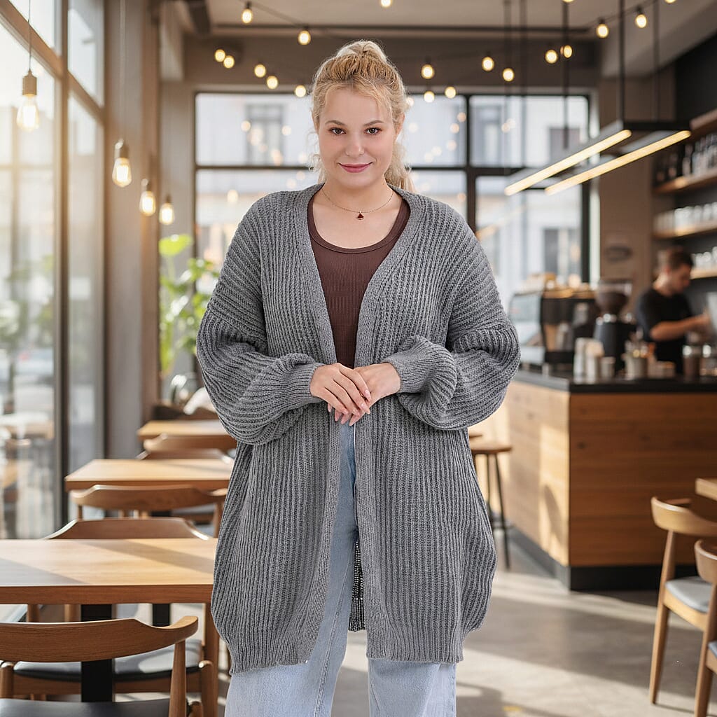 THE BIG SALE PRICE - - Maisi Ribbed Lightweight Cardigan (One Size 8 TO 22) - Grey
