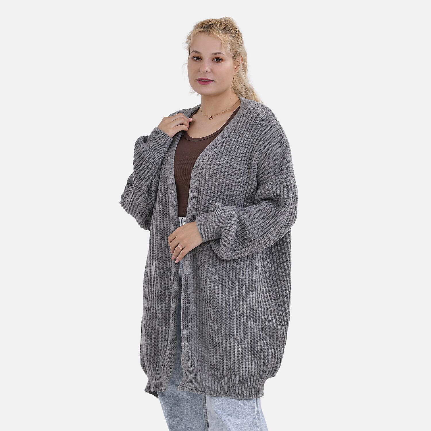 THE BIG SALE PRICE - - Maisi Ribbed Lightweight Cardigan (One Size 8 TO 22) - Grey