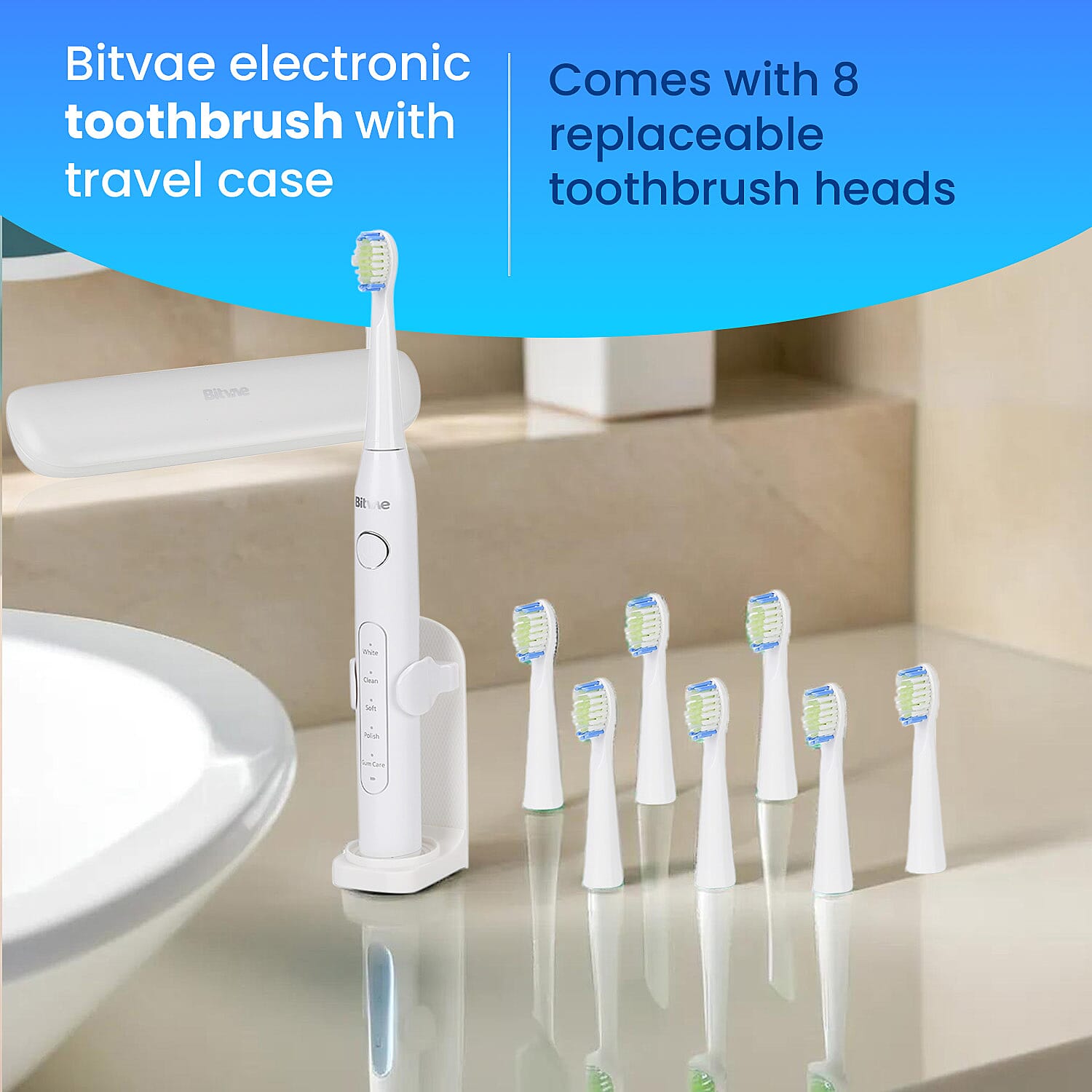 Bitvae Sonic Toothbrush With 8 Replacement Heads & Travel Case, 40,000 Strokes per min, 5 Brushing Modes & Smart Timer - White