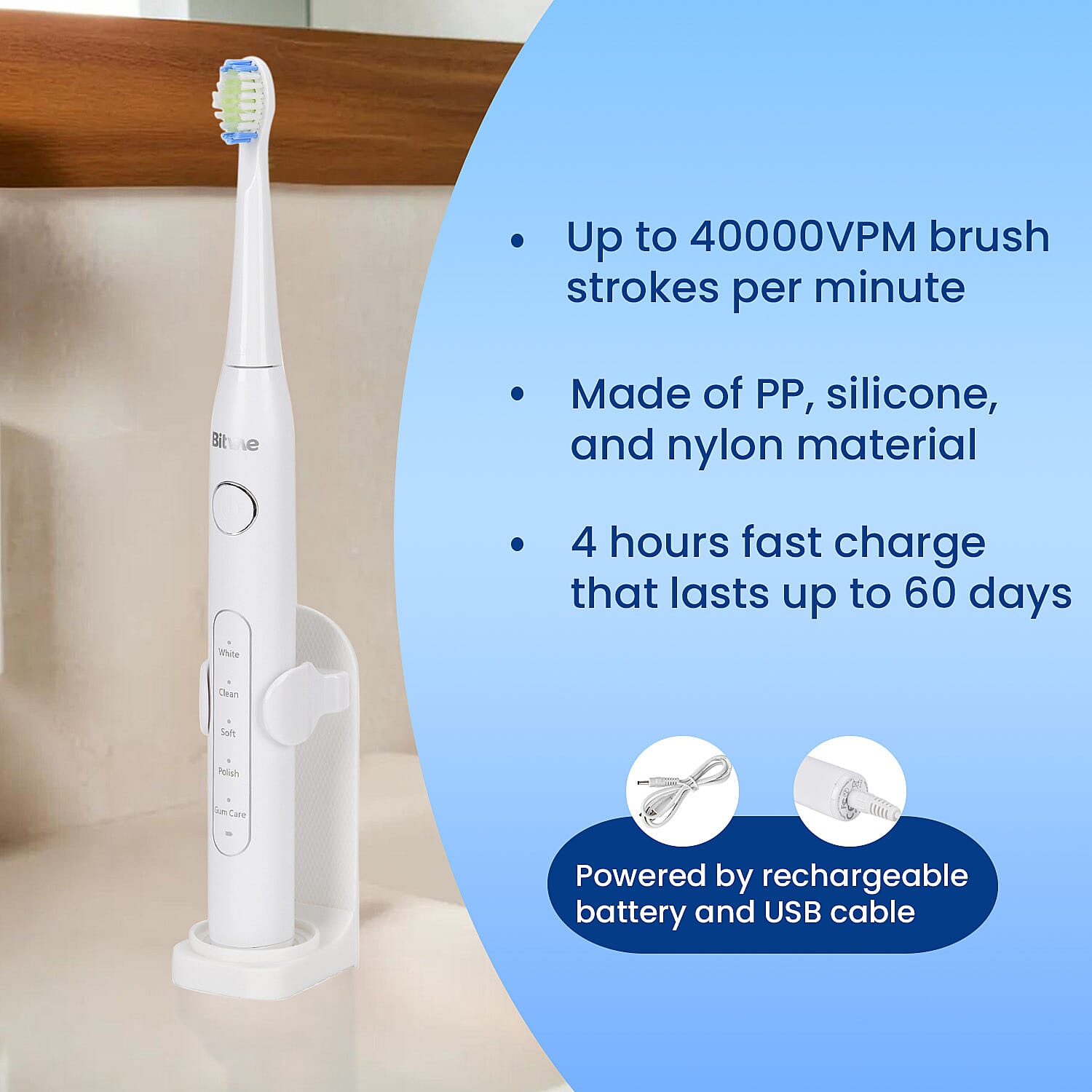 Bitvae Sonic Toothbrush With 8 Replacement Heads & Travel Case, 40,000 Strokes per min, 5 Brushing Modes & Smart Timer - White