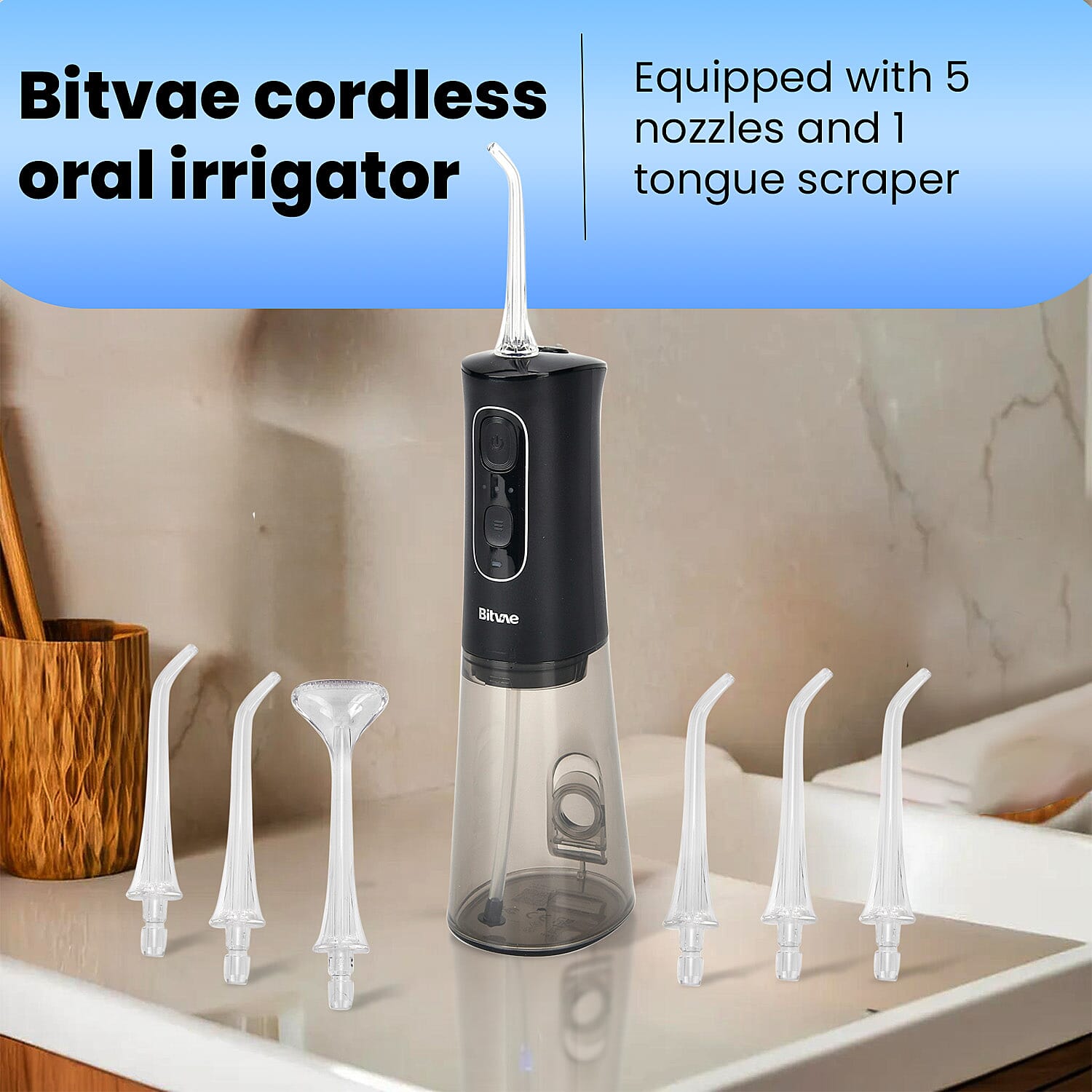 Bitvae Cordless Water Flosser with 5 Nozzles & Tongue Scraper - 3 Pressure Settings - Black