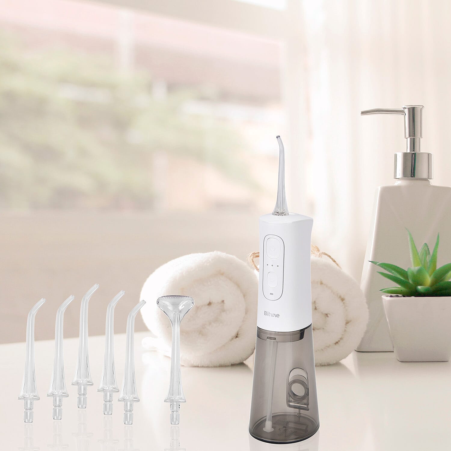 Bitvae Cordless Water Flosser with 5 Nozzles - Tongue Scraper - 3 Pressure Settings - White