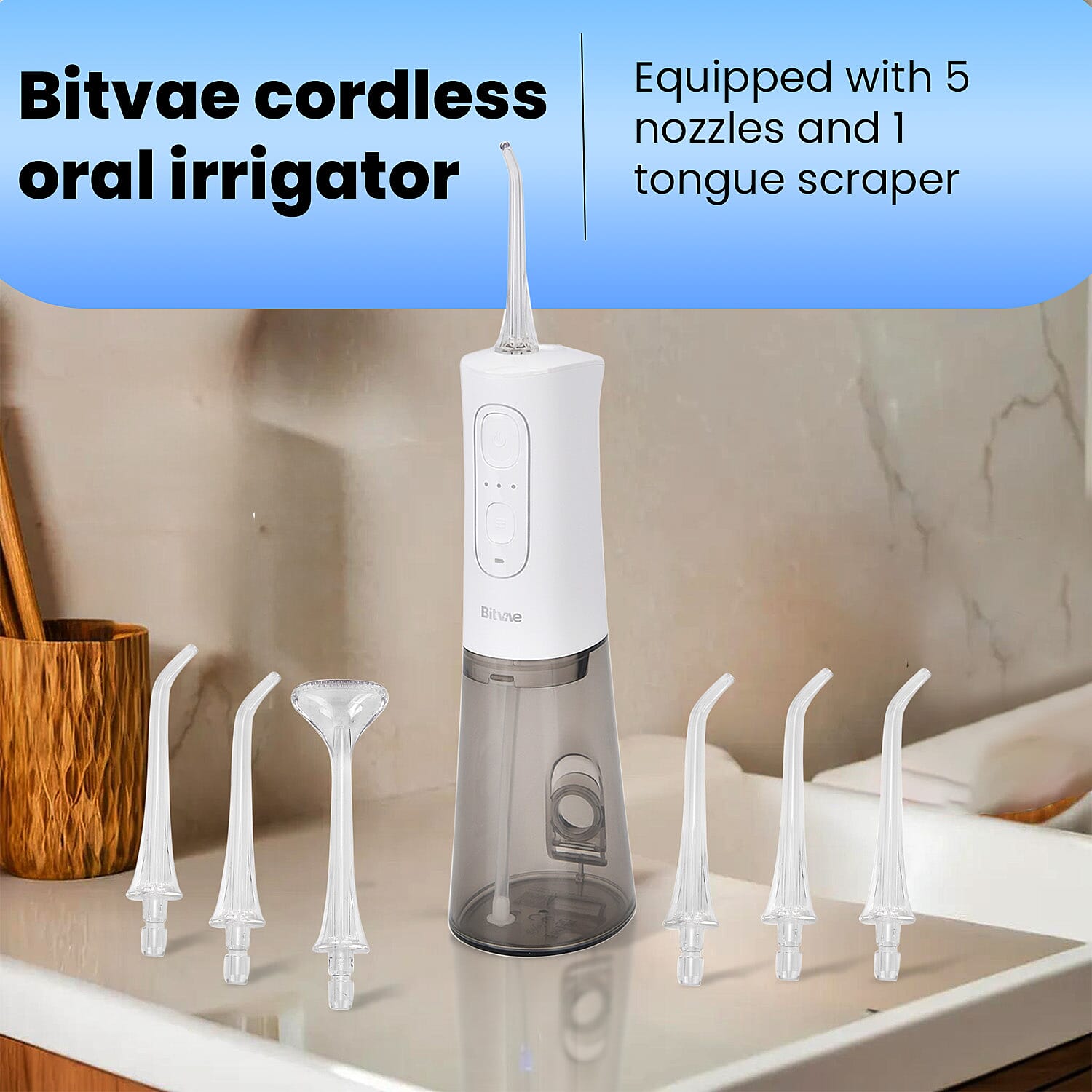 Bitvae Cordless Water Flosser with 5 Nozzles - Tongue Scraper - 3 Pressure Settings - White