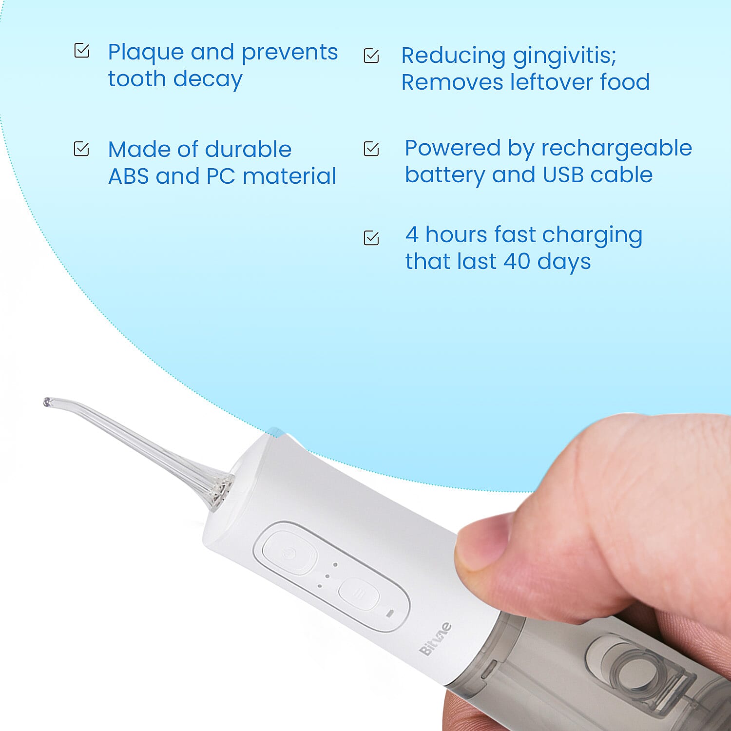 Bitvae Cordless Water Flosser with 5 Nozzles - Tongue Scraper - 3 Pressure Settings - White