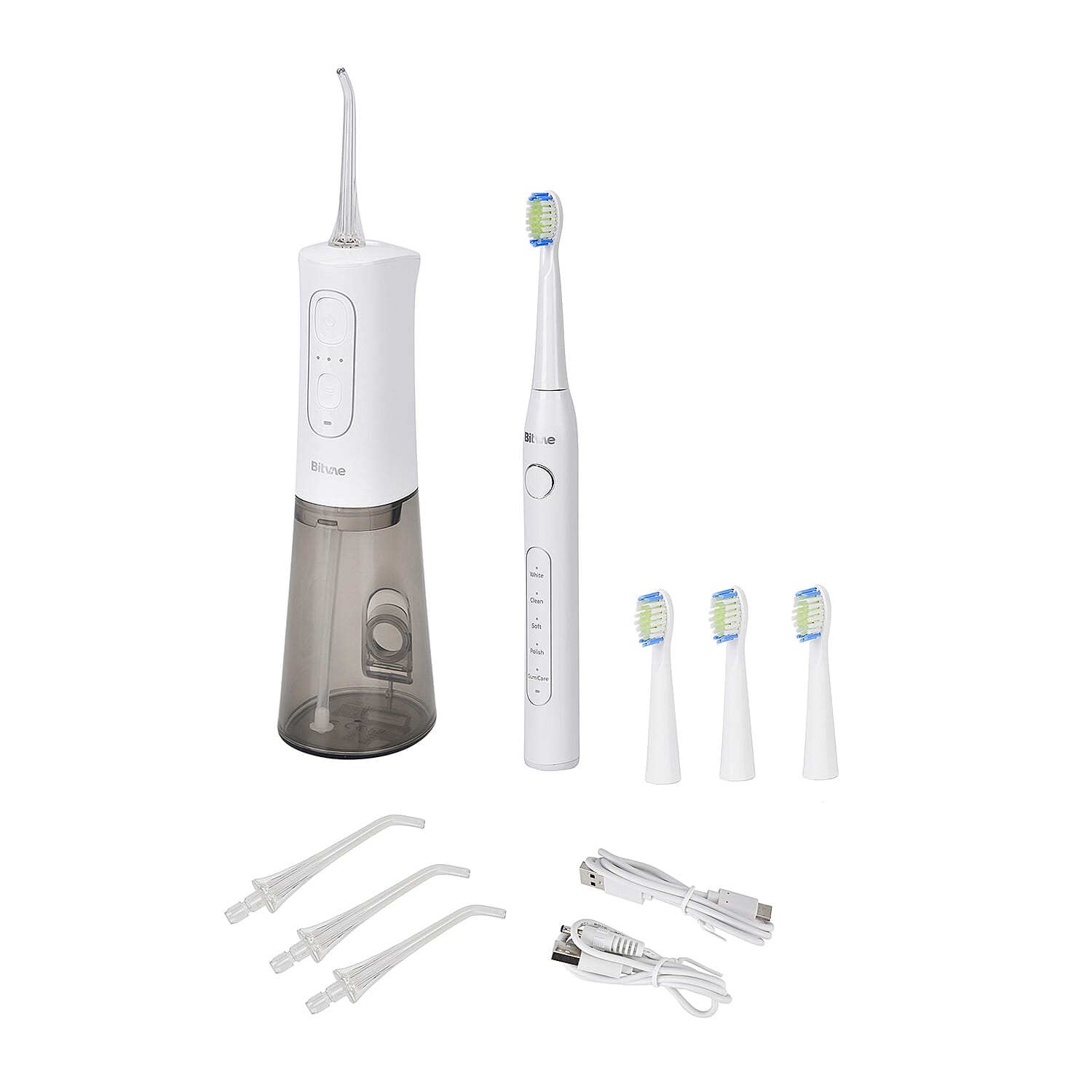 Bitvae Set of Sonic Toothbrush With 4 Replacement Heads, 5 Modes & Smart Timer With Water Flosser With 4 Replacent Heads - White