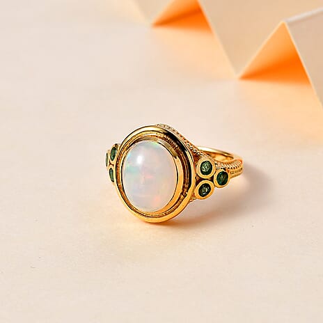 Ethiopian Opal & Premium Emerald Ring in 18K Vermeil Yellow Gold Plated Sterling Silver 2.72 Ct