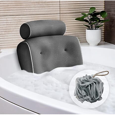 LUMI | Luxury Ergonomic Bath Pillow | Soft 4D Air Mesh | 6 Non-Slip Suction Cups | Head And Neck Support | Deep Side Pocket | Includes Bath Puff | Grey Bath Pillow