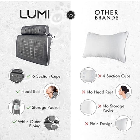 LUMI | Luxury Ergonomic Bath Pillow | Soft 4D Air Mesh | 6 Non-Slip Suction Cups | Head And Neck Support | Deep Side Pocket | Includes Bath Puff | Grey Bath Pillow