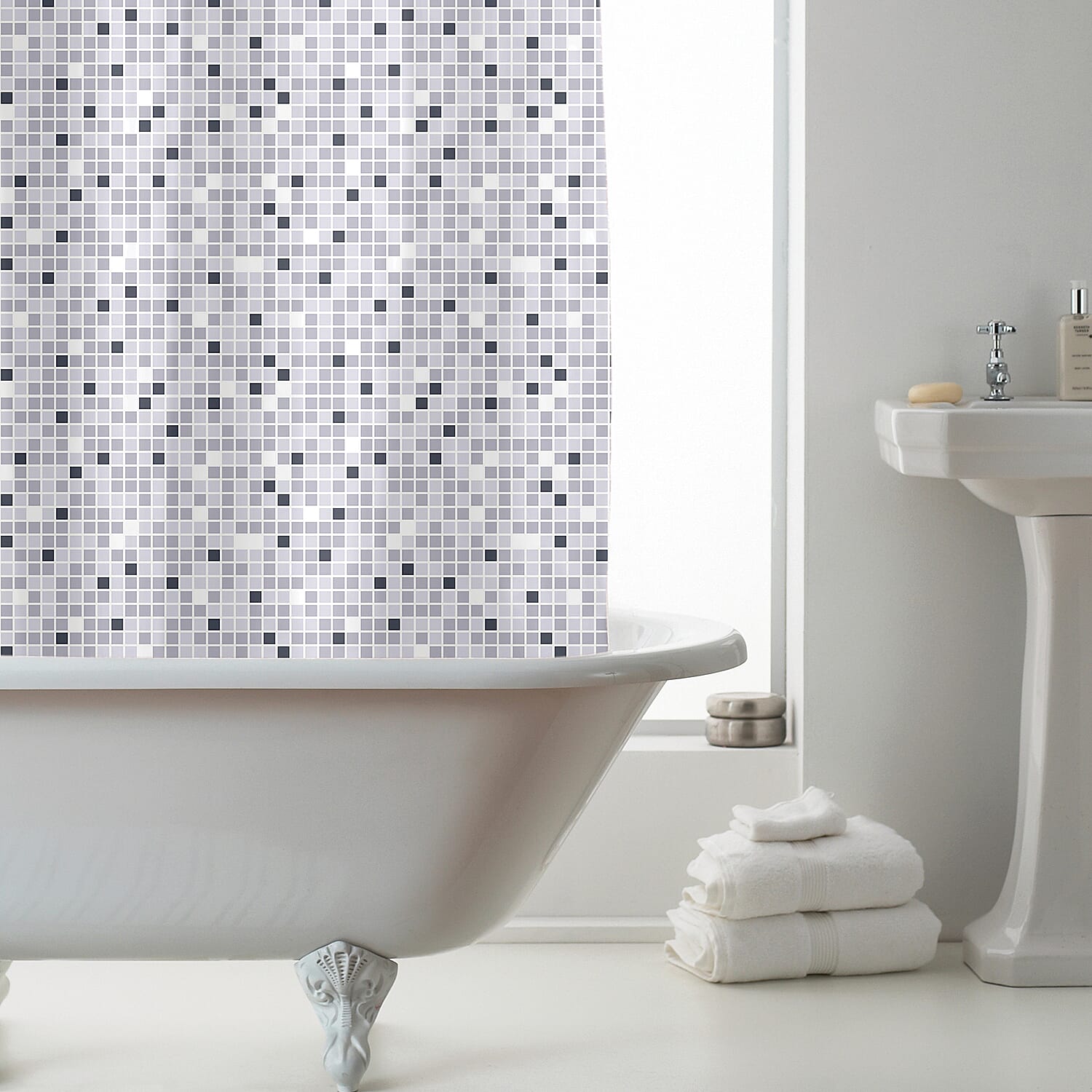 Mosaic Design Shower Curtains with Rings (Size 180x180 cm) - Blue