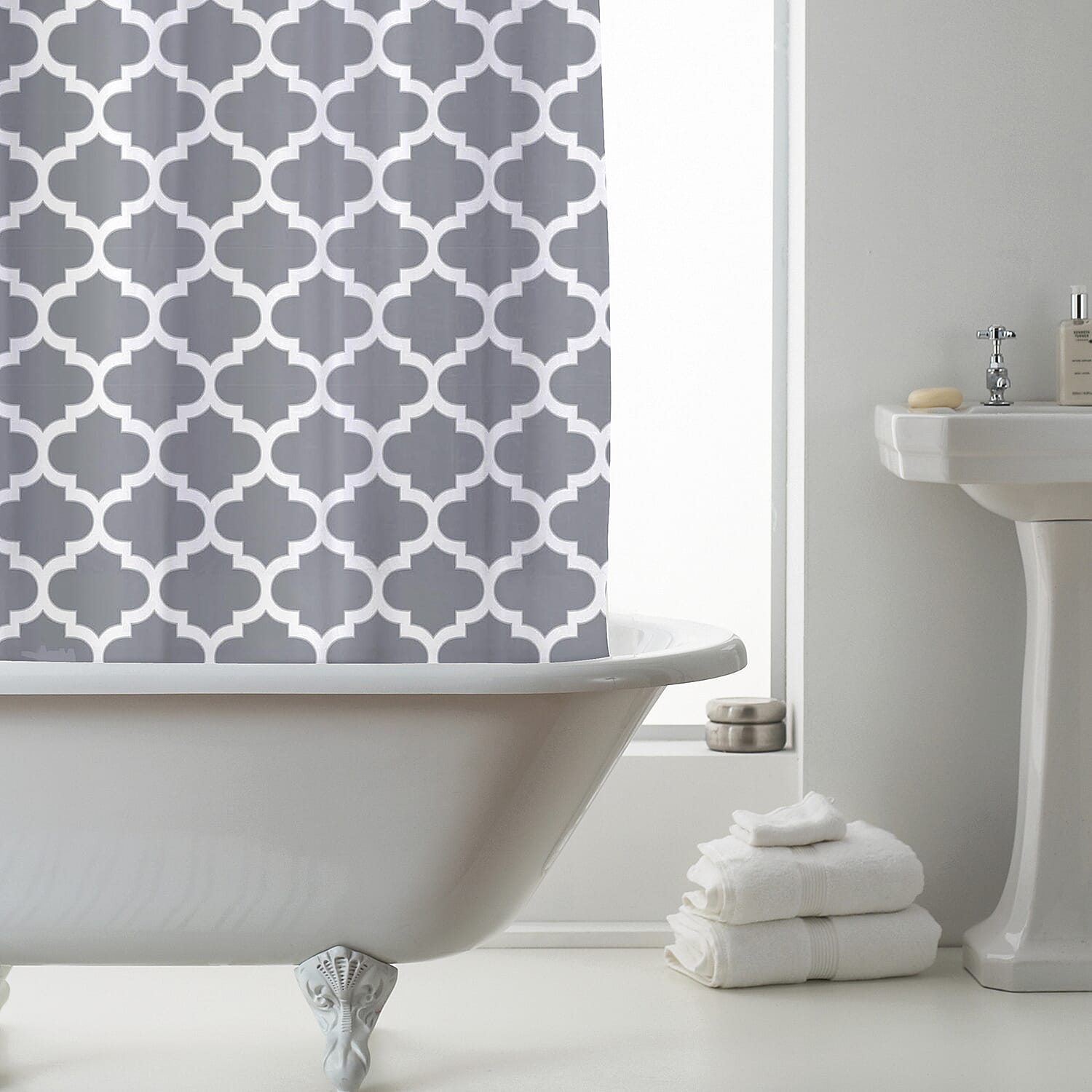 Moroccan Design Shower Curtains with Rings (Size 180x180 cm) - Grey