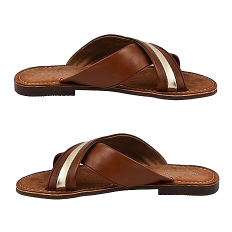 Maison Ladies Leather Cross Mule Slipper (Size 6) - Tan