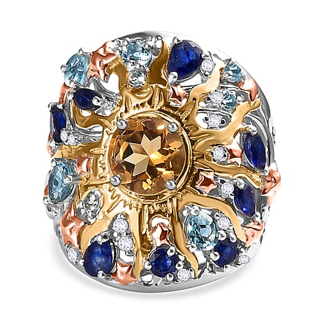 GP Celestial Dream Collection - Citrine & Multi Gemstones Cluster Ring in Rhodium, 18K Vermeil Yellow & Rose Gold Plated Sterling Silver 2.75 Ct, Silver Wt. 7.46 Gms.