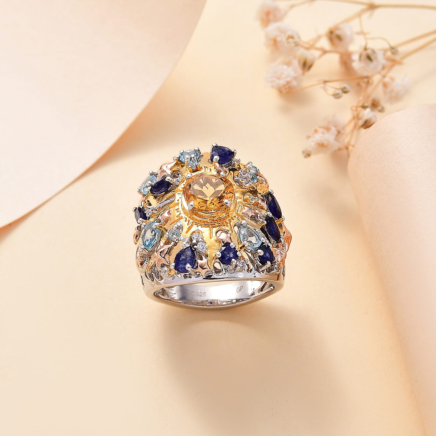 GP Celestial Dream Collection - Citrine & Multi gemstones Cluster Ring Sterling Silver 2.75 Ct, Silver Wt. 7.46 Gms.