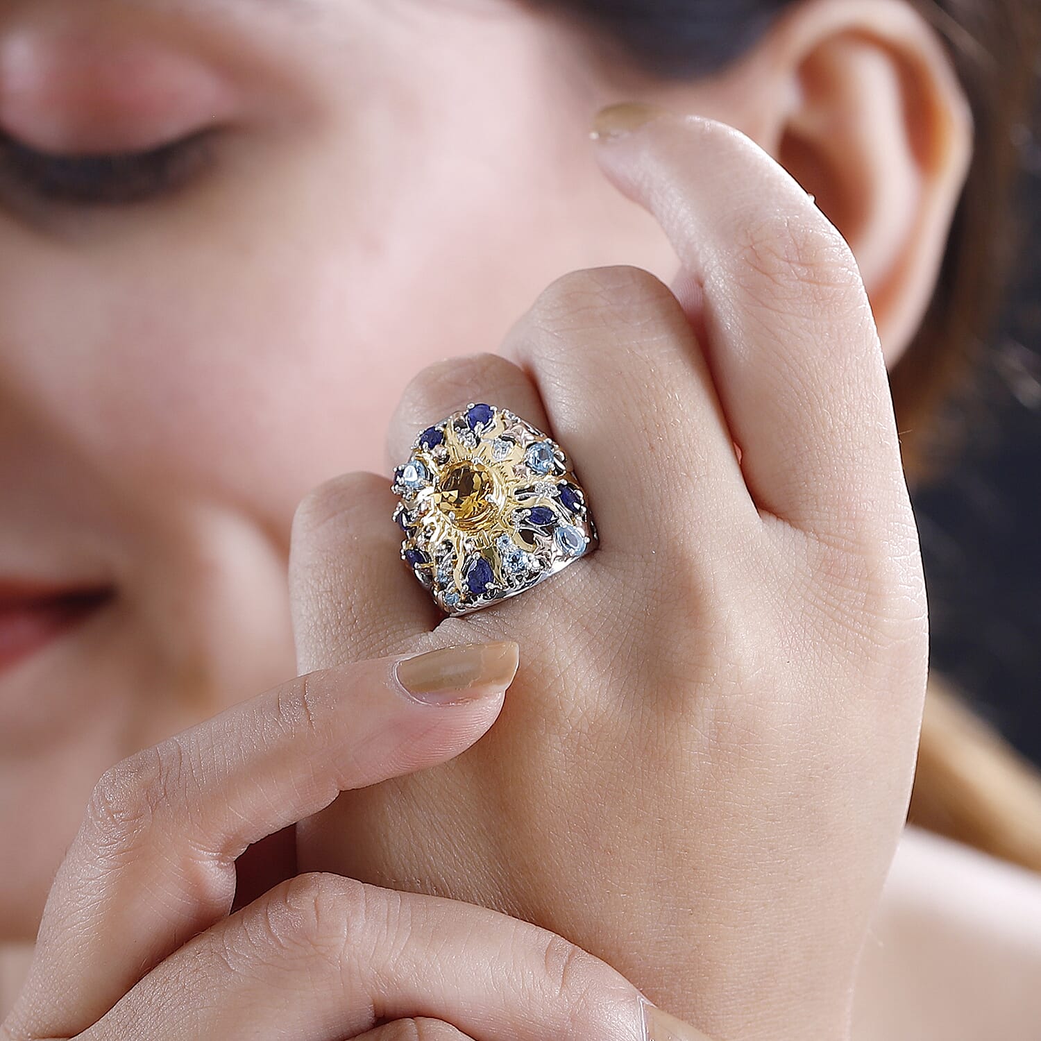 GP Celestial Dream Collection - Citrine & Multi gemstones Cluster Ring Sterling Silver 2.75 Ct, Silver Wt. 7.46 Gms.