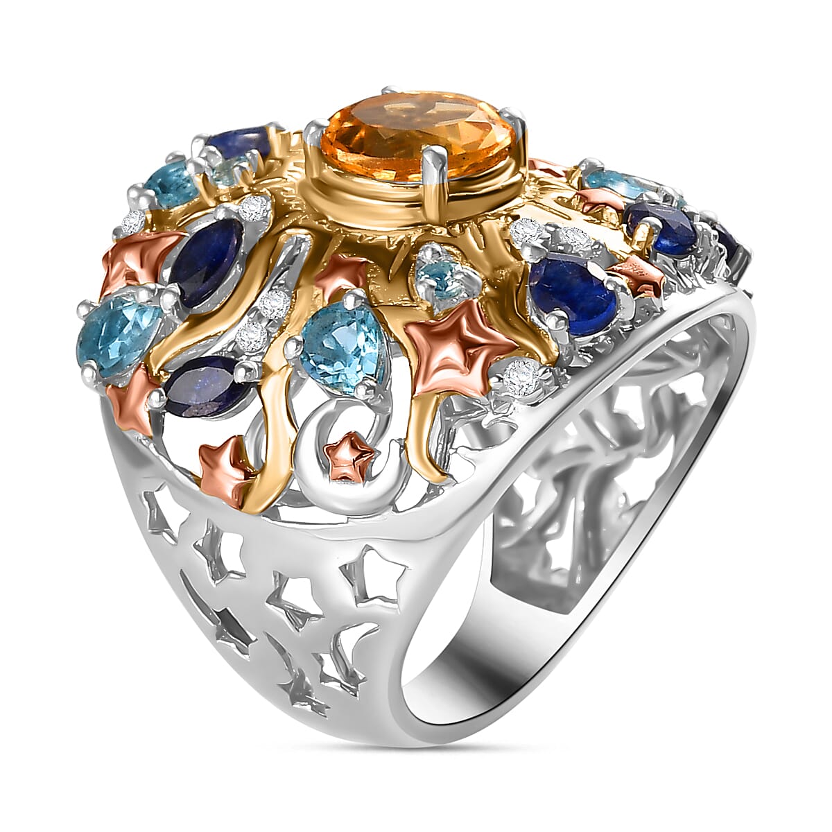 GP Celestial Dream Collection - Citrine & Multi gemstones Cluster Ring Sterling Silver 2.75 Ct, Silver Wt. 7.46 Gms.