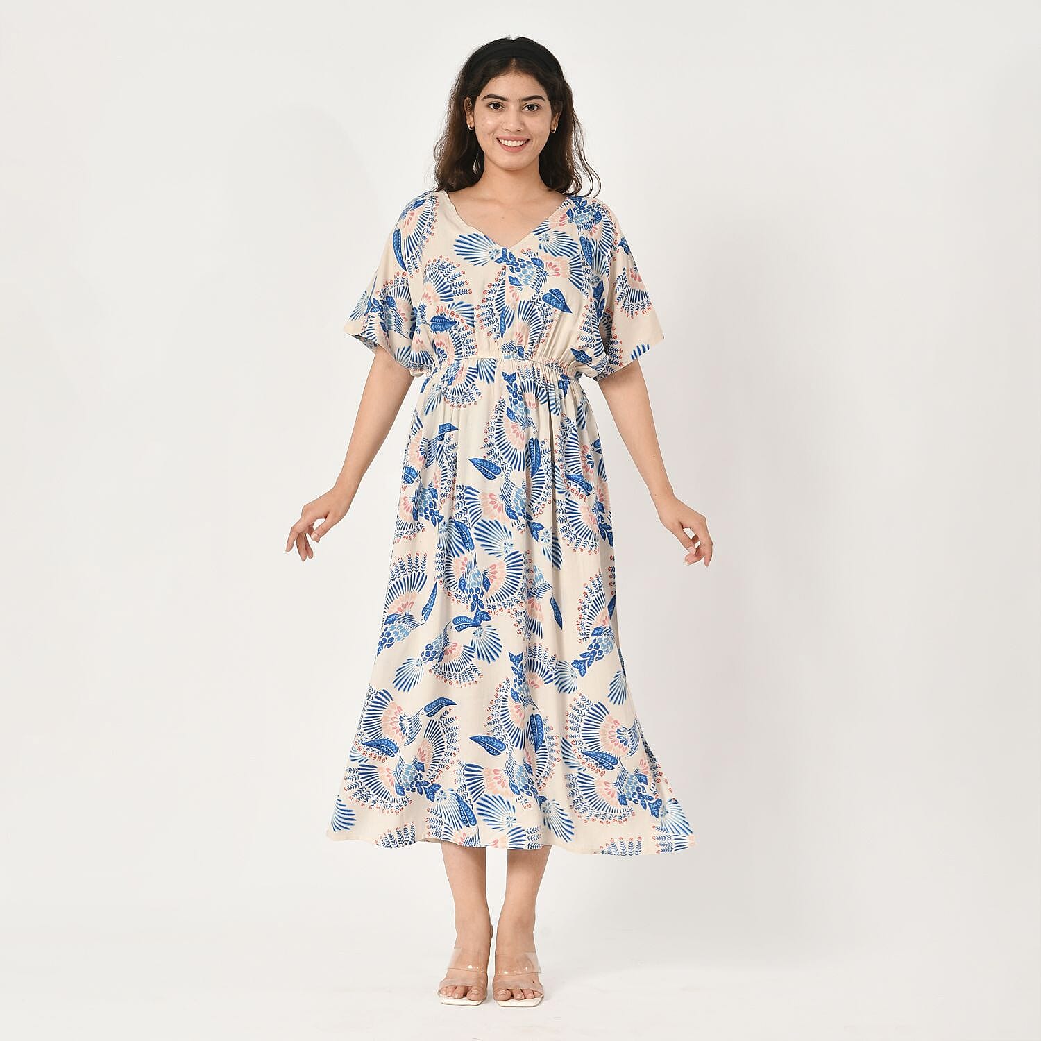 TAMSY 100% Viscose Bird Printed Dress with Elastic at Waist (One Size) - Ecru & Blue