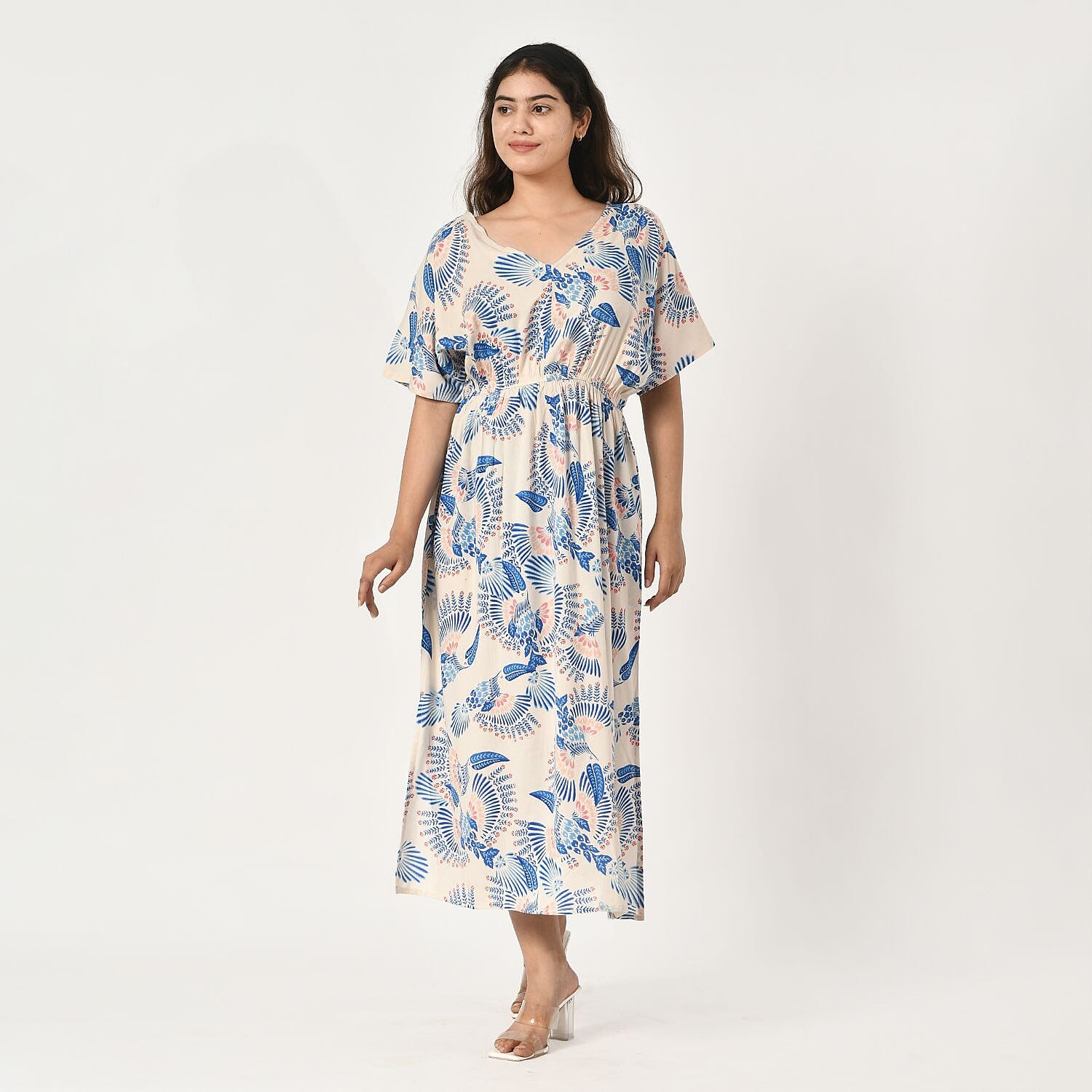 TAMSY 100% Viscose Bird Printed Dress with Elastic at Waist (One Size) - Ecru & Blue