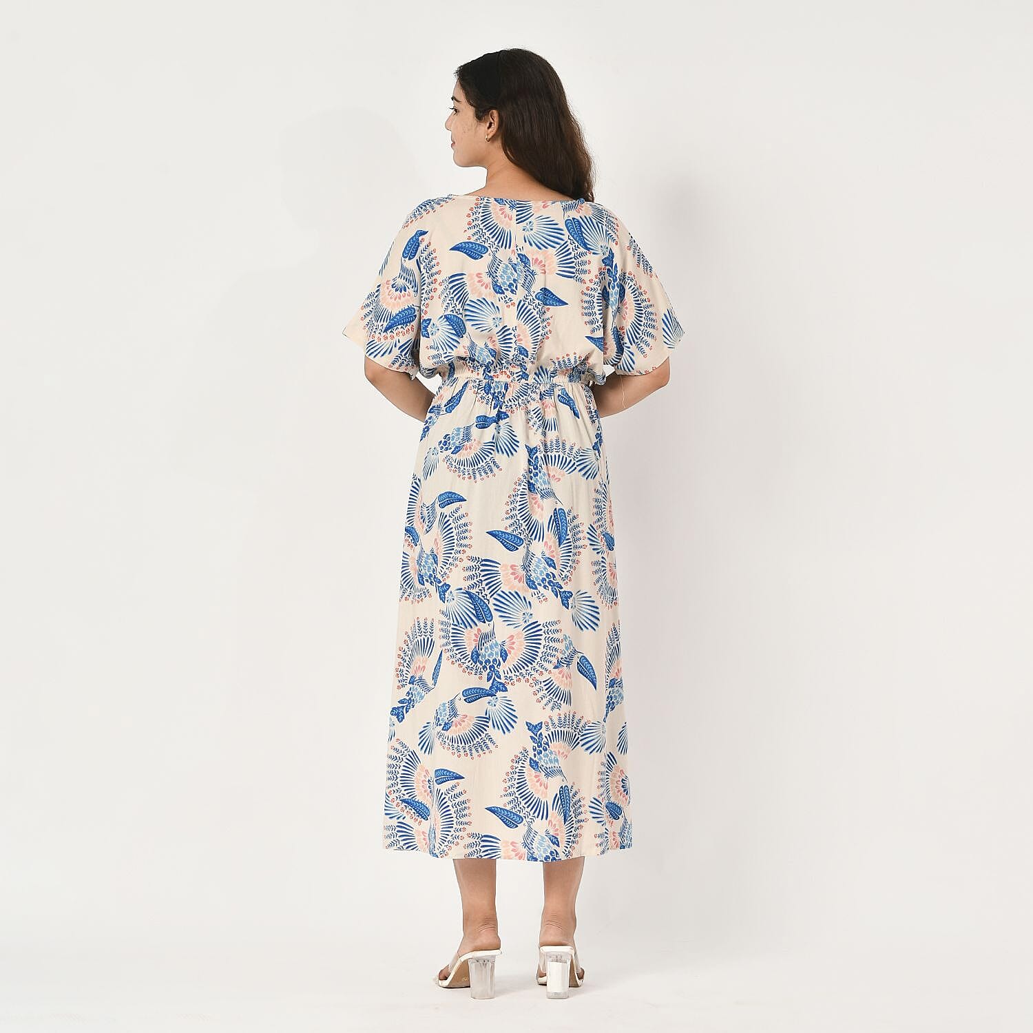 TAMSY 100% Viscose Bird Printed Dress with Elastic at Waist (One Size) - Ecru & Blue