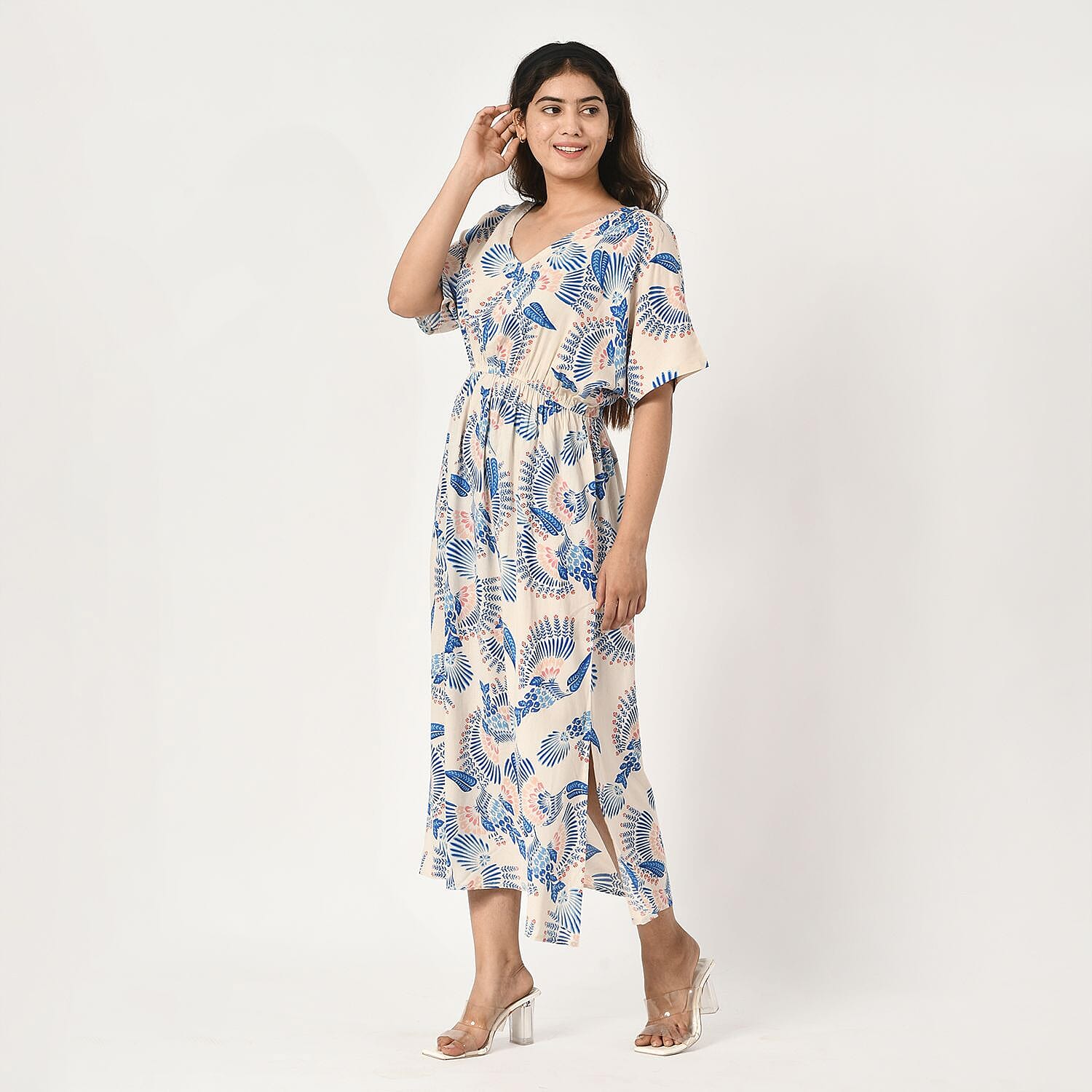 TAMSY 100% Viscose Bird Printed Dress with Elastic at Waist (One Size Curve) - Ecru & Blue