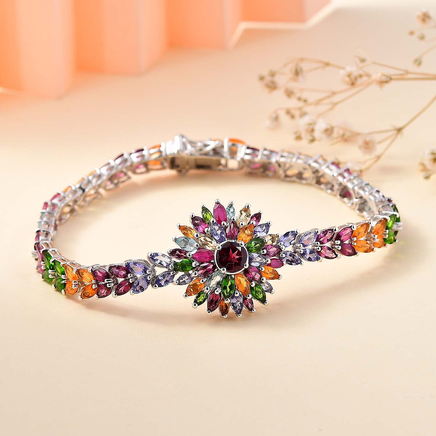 Multi gemstones Cluster Bracelet (Size - 7.5) with GB Lock Box in Rhodium Overlay Sterling Silver 17.65 Ct, Silver Wt. 14.30 Gms.