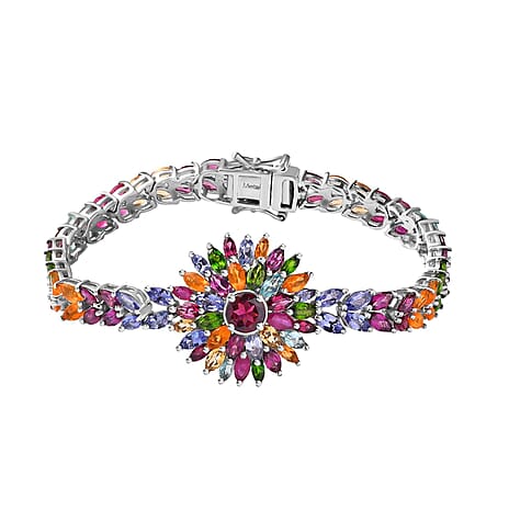 Multi gemstones Cluster Bracelet (Size - 8) with GB Lock Box in Rhodium Overlay Sterling Silver 18.53 Ct, Silver Wt. 15.11 Gms.