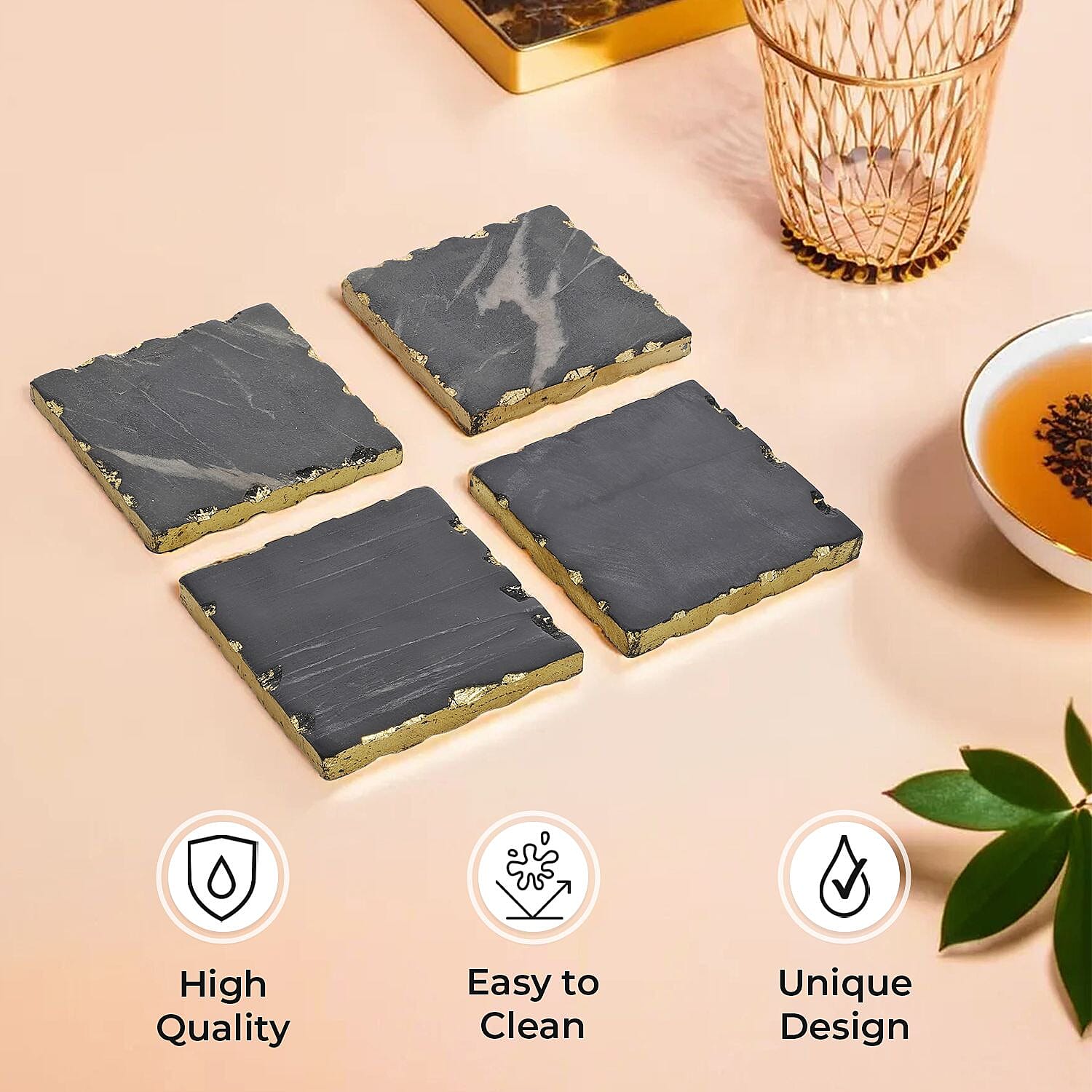 Nakkashi Set of 4 Square Shape Marble Coasters (Size 10x10cm) - Black