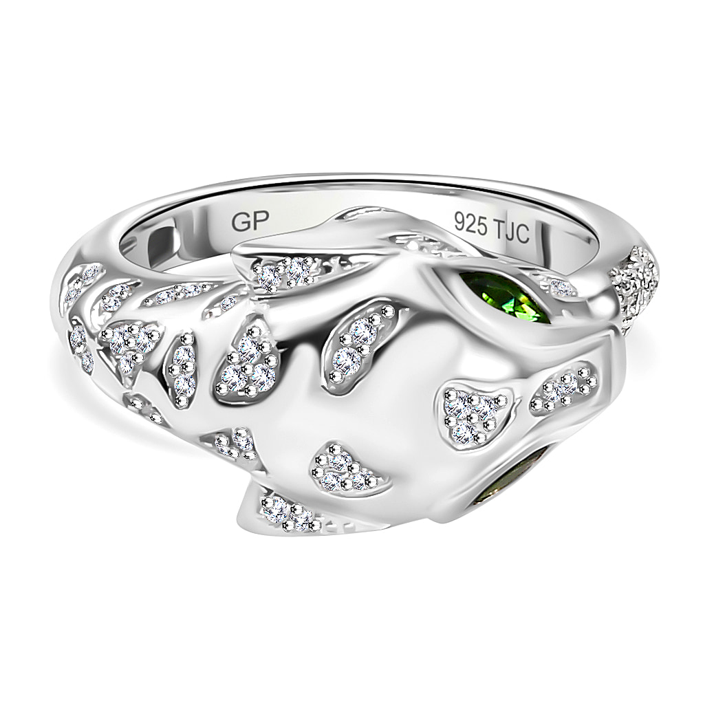 GP Tiger Totem Collection - Moissanite & Chrome Diopside Puma Ring in Rhodium Overlay Sterling Silver