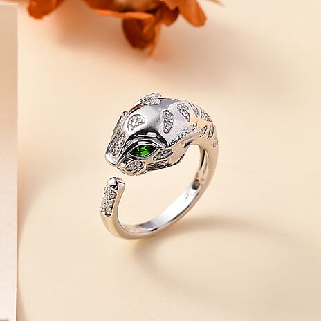 GP Tiger Totem Collection - Moissanite & Chrome Diopside Puma Ring in Rhodium Overlay Sterling Silver