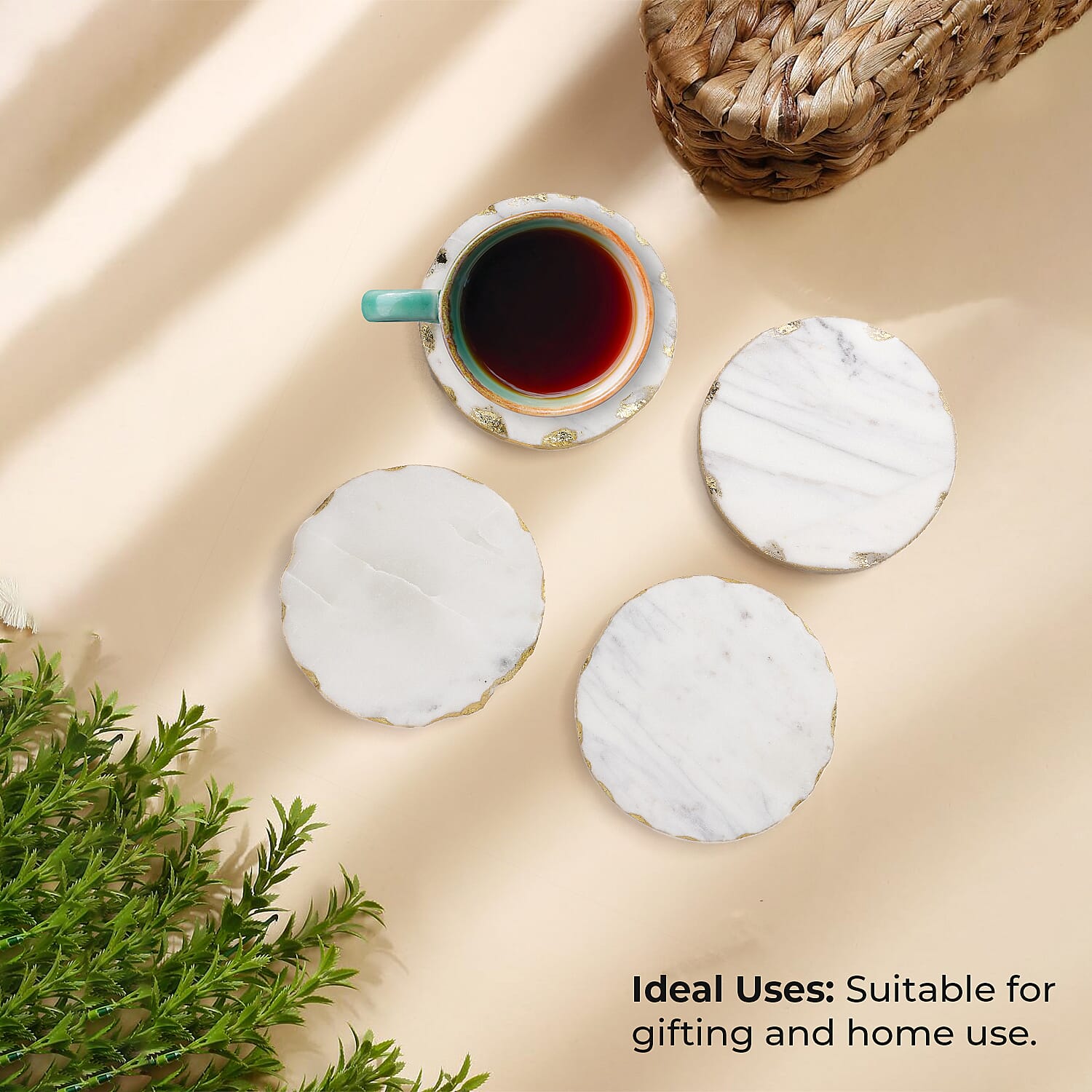 Handcrafted Set of 4 Round Shape Marble Coasters (Size 10 cm) - White