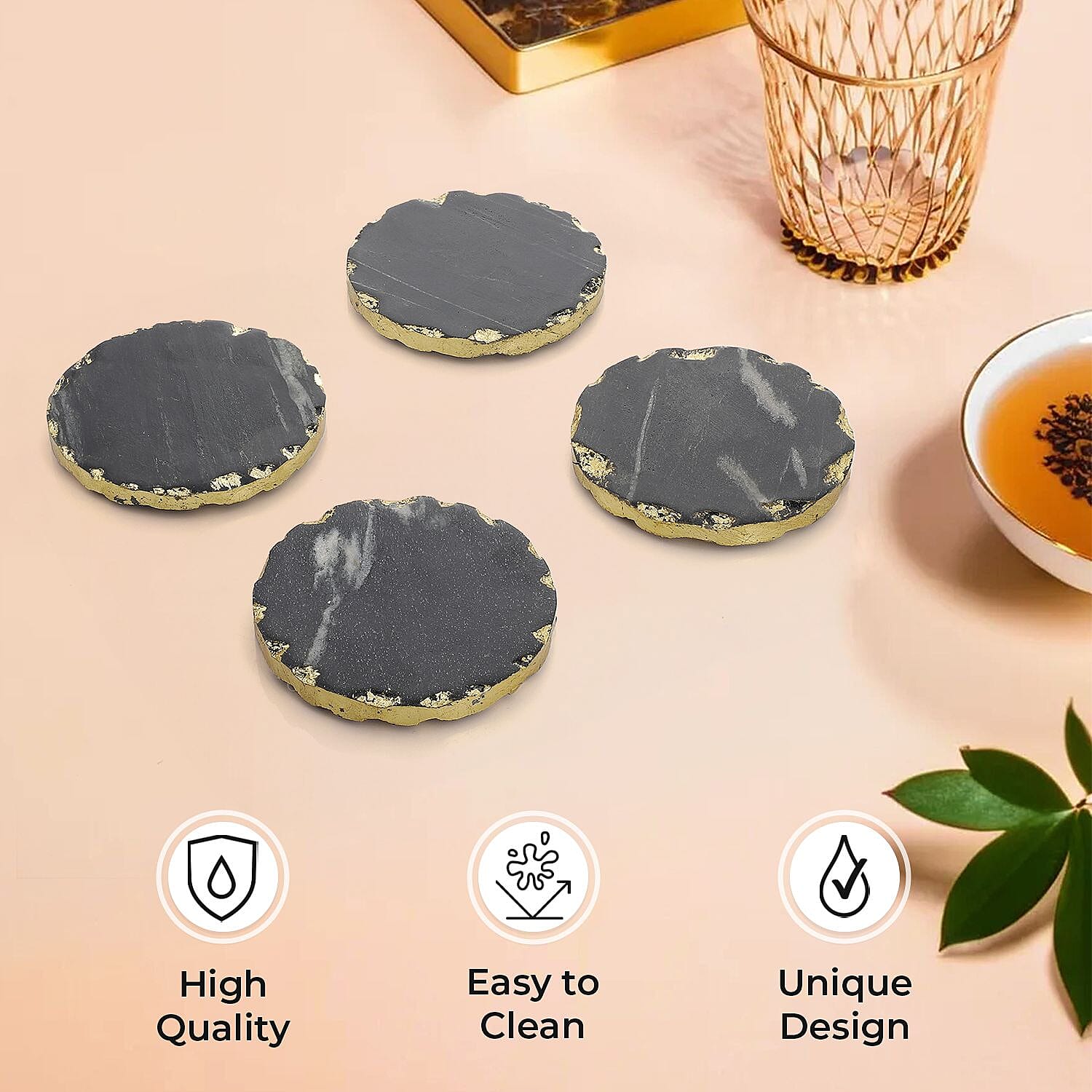 Handcrafted Set of 4 Round Shape Marble Coasters (Size 10 cm) - Black