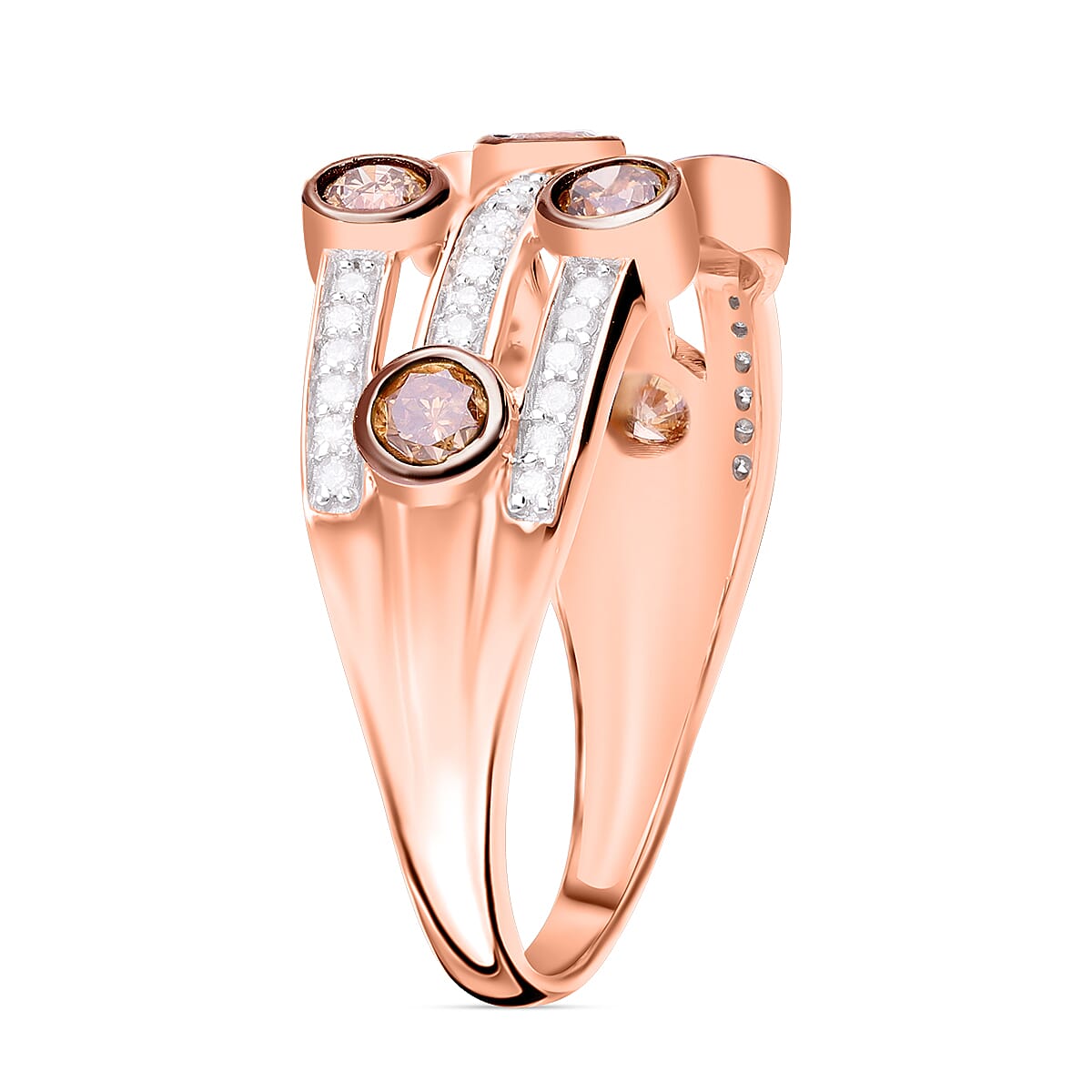 LOWEST EVER PRICE - Natural Champagne and White Diamond Bubble Ring in 18K Vermeil Rose Gold Plated Sterling Silver 1.00 Ct.
