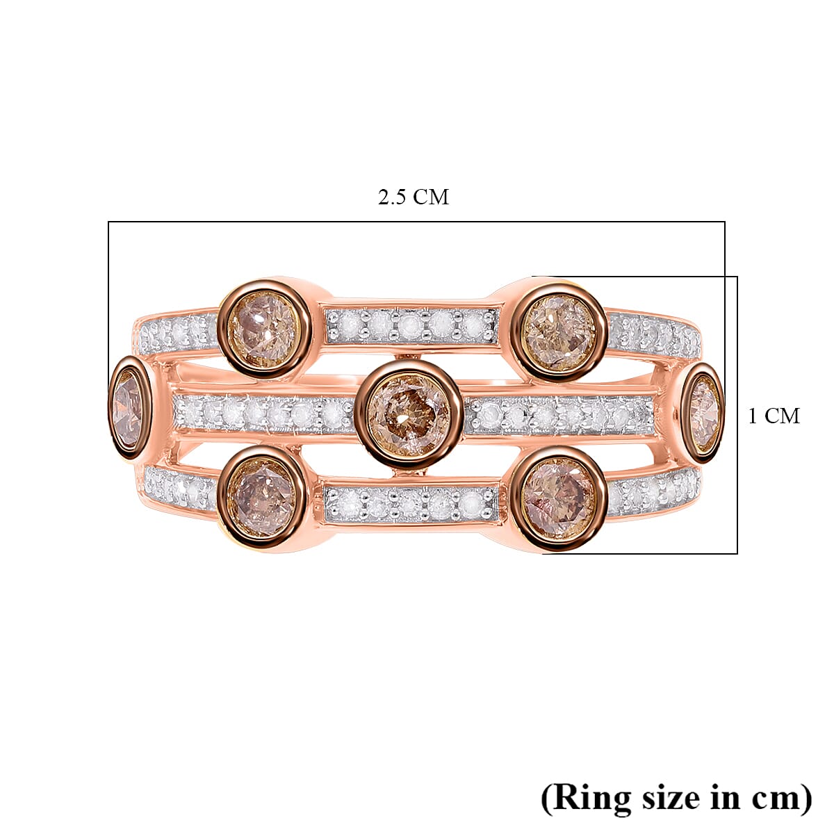 LOWEST EVER PRICE - Natural Champagne and White Diamond Bubble Ring in 18K Vermeil Rose Gold Plated Sterling Silver 1.00 Ct.