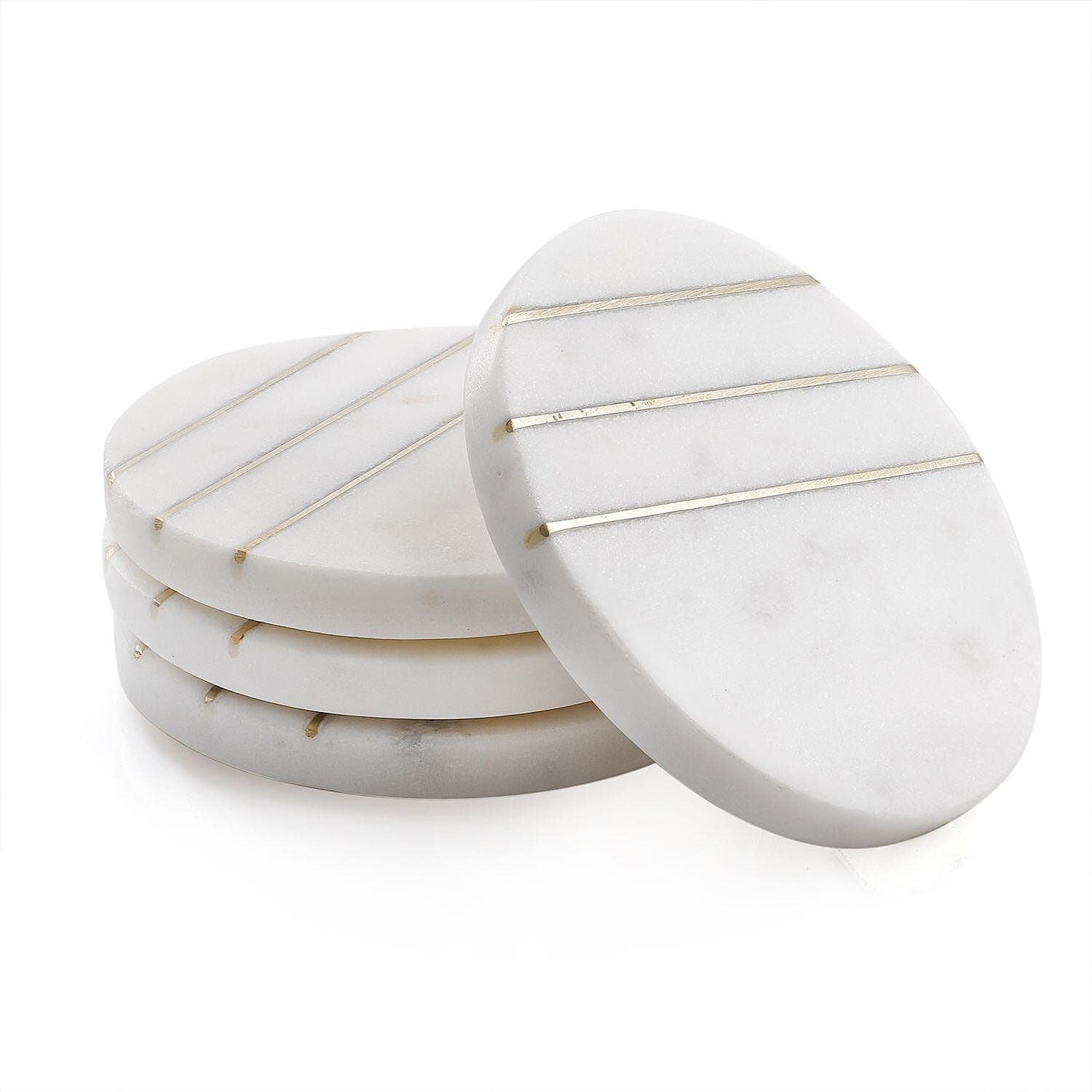 Handcrafted Set of 4 Round Shape Marble Coasters with Brass Stripes (Size 10 cm) - White