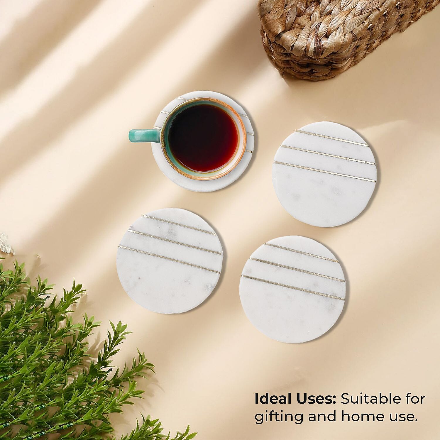 Handcrafted Set of 4 Round Shape Marble Coasters with Brass Stripes (Size 10 cm) - White