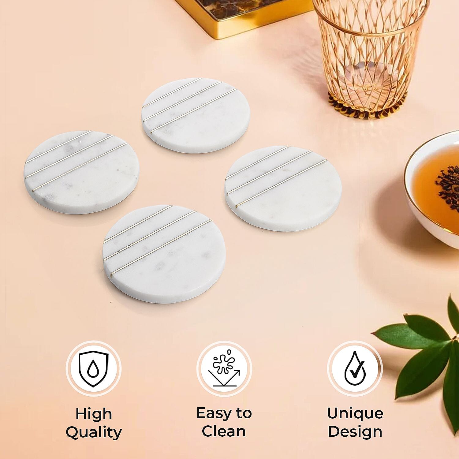 Handcrafted Set of 4 Round Shape Marble Coasters with Brass Stripes (Size 10 cm) - White