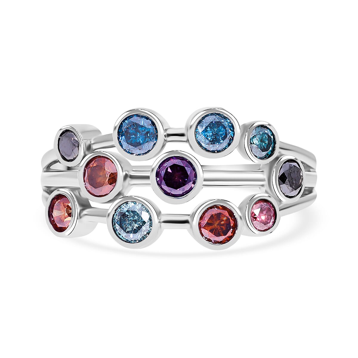 Multi Colour Diamond Bubble Ring in Platinum Overlay Sterling Silver 1.06 Ct.