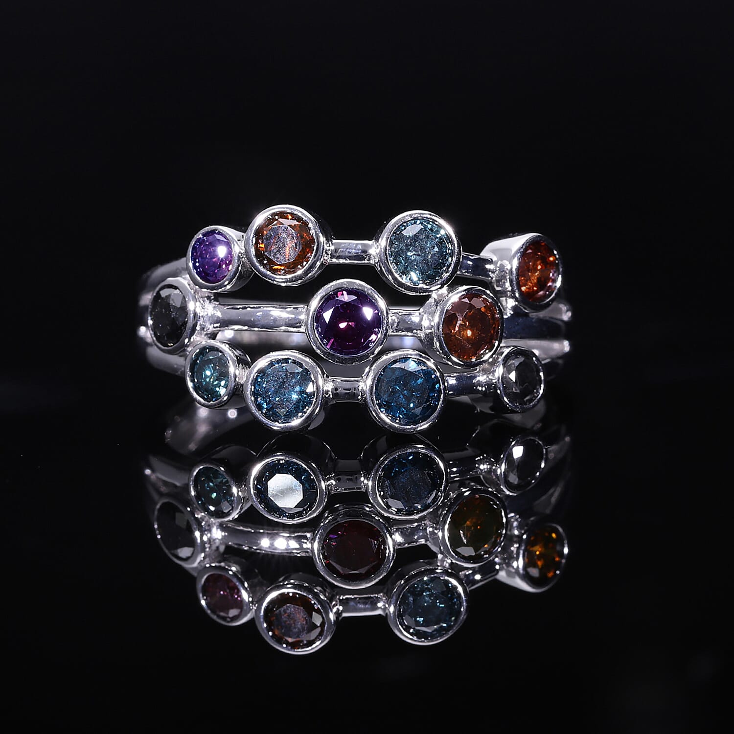 Multi Colour Diamond Bubble Ring in Platinum Overlay Sterling Silver 1.06 Ct.
