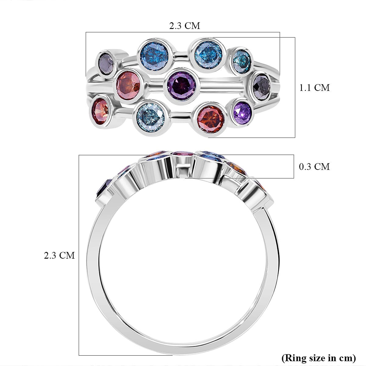 Multi Colour Diamond Bubble Ring in Platinum Overlay Sterling Silver 1.06 Ct.